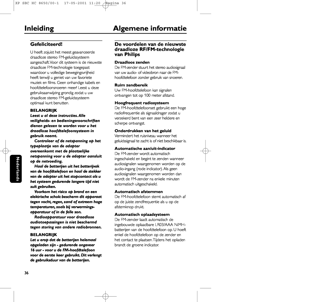 Philips HC8650 manual Inleiding, Algemene informatie, Gefeliciteerd, Belangrijk, Draadloos zenden, Ruim zendbereik 