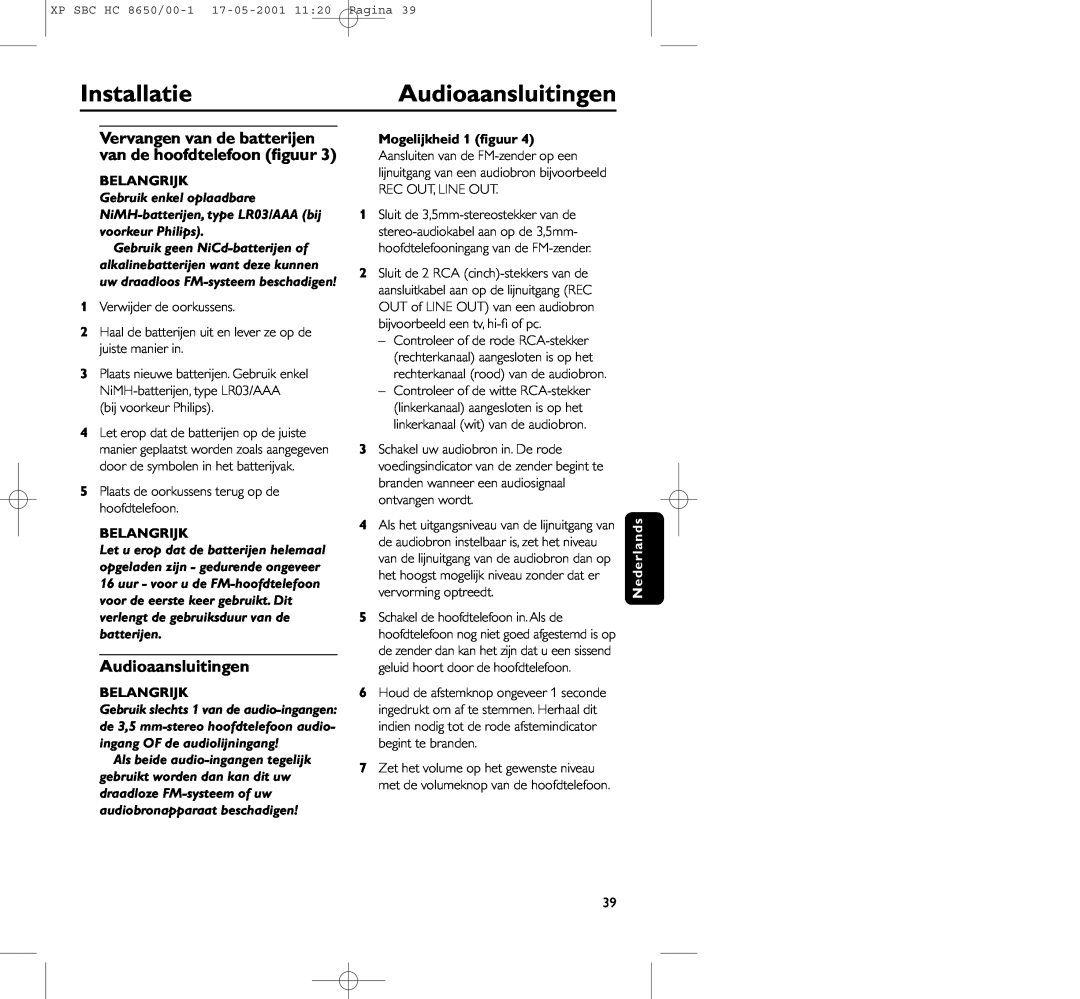 Philips HC8650 manual InstallatieAudioaansluitingen, Belangrijk, Mogelijkheid 1 ﬁguur 