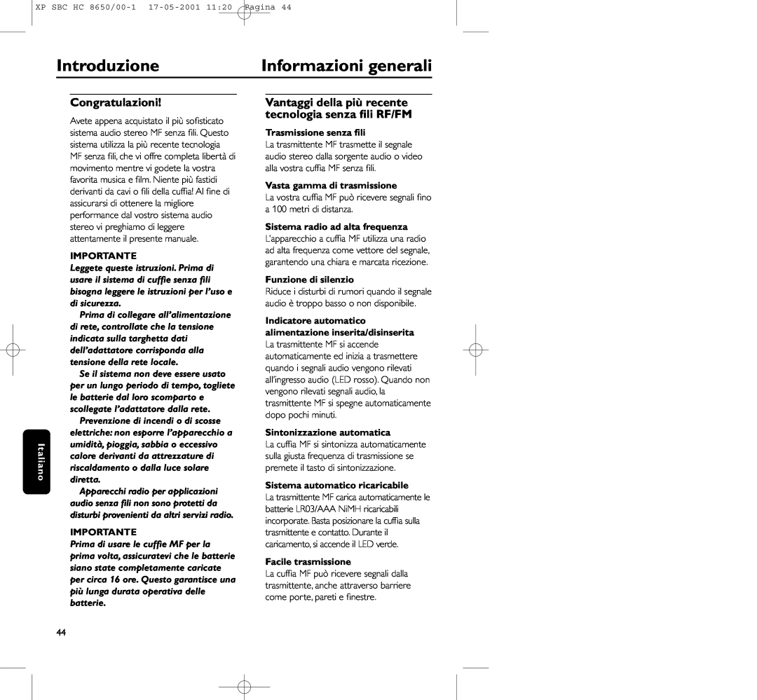 Philips HC8650 manual Introduzione, Informazioni generali, Congratulazioni, Importante, Trasmissione senza ﬁli 