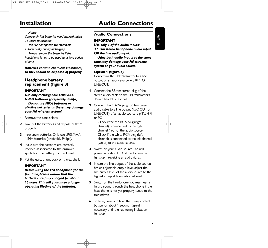 Philips HC8650 manual Audio Connections, Installation, Headphone battery replacement ﬁgure, Option 1 ﬁgure 