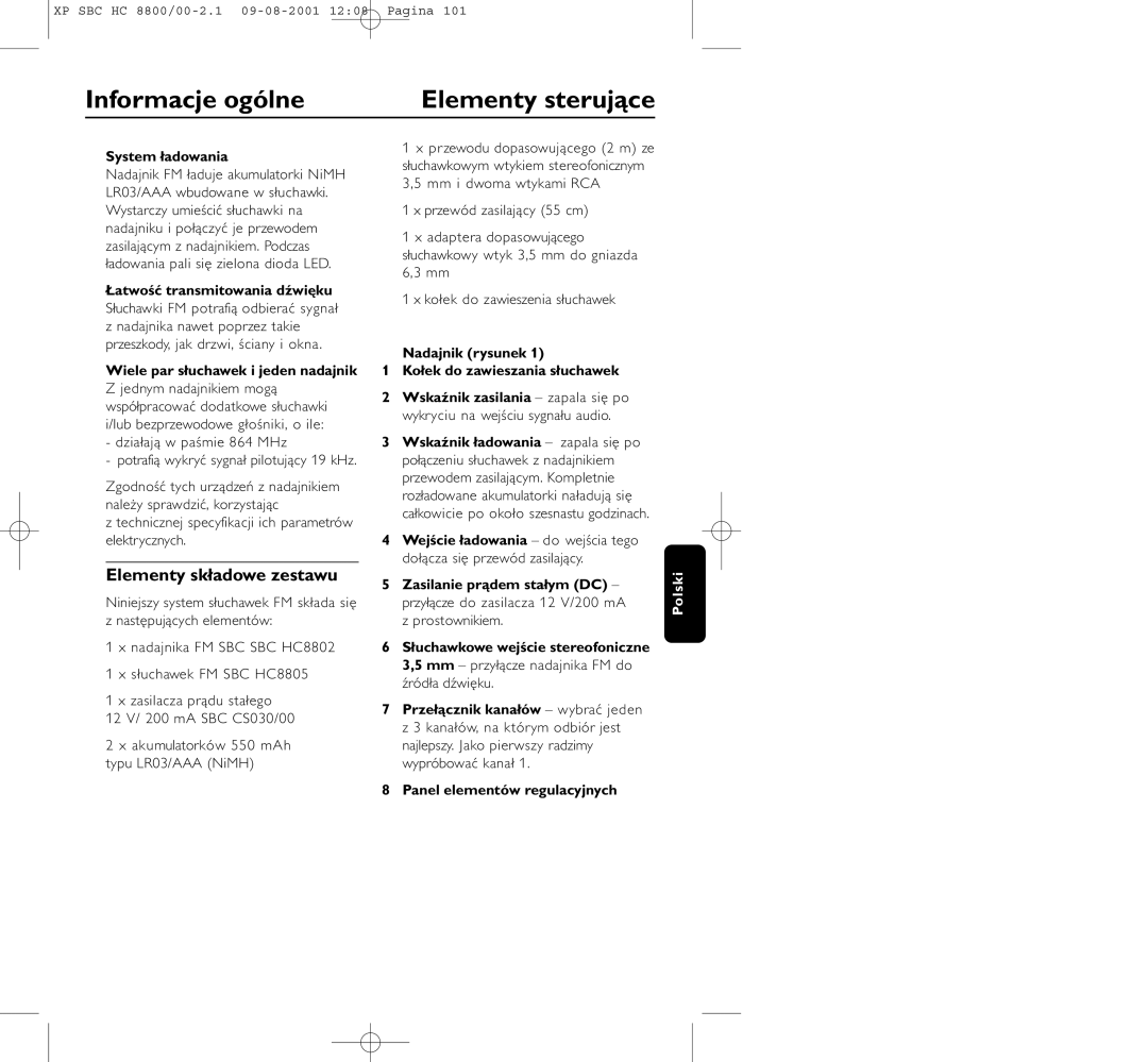 Philips HC8800 manual Informacje ogólne Elementy sterujące, Elementy składowe zestawu 