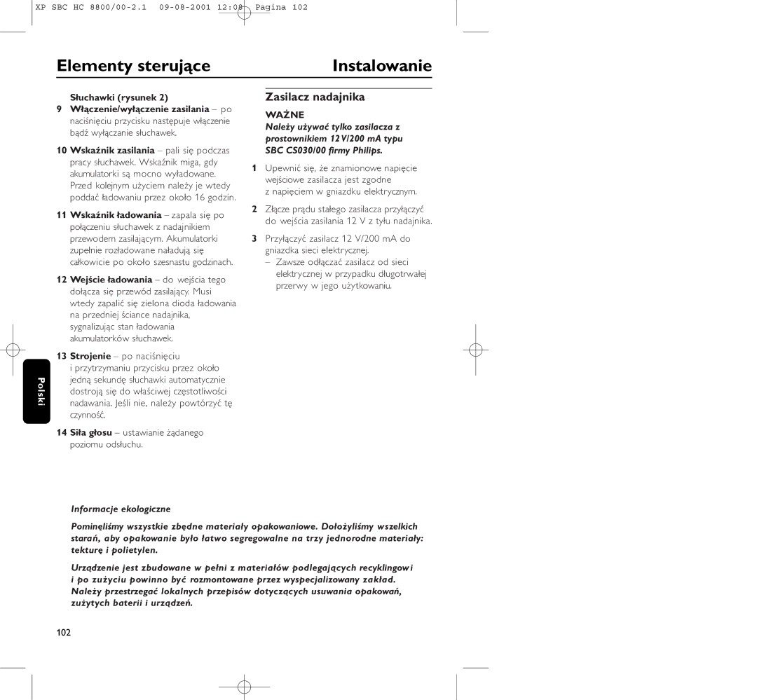 Philips HC8800 manual Elementy sterujące Instalowanie, Zasilacz nadajnika, Słuchawki rysunek 