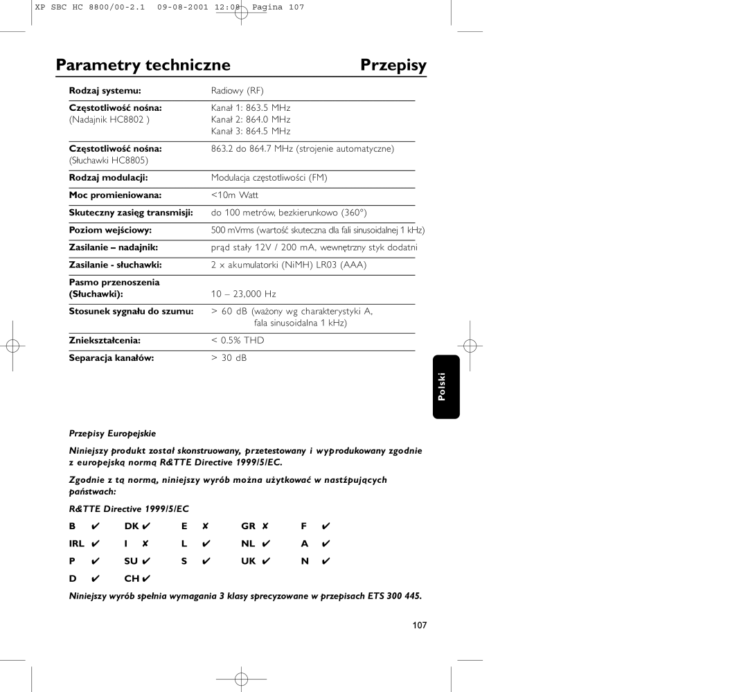 Philips HC8800 manual Parametry techniczne, Przepisy 