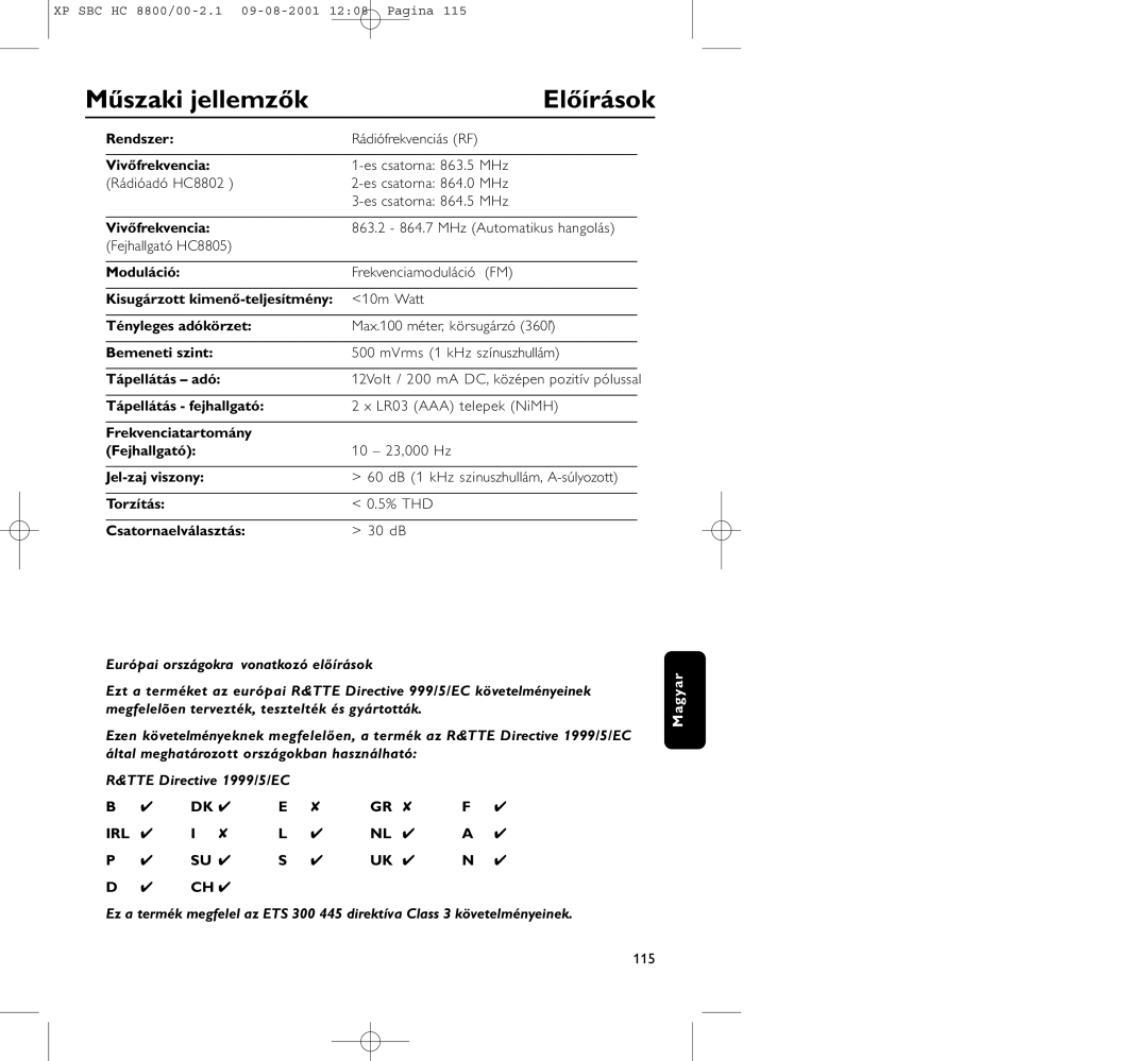 Philips HC8800 manual Műszaki jellemzők, Előírások 