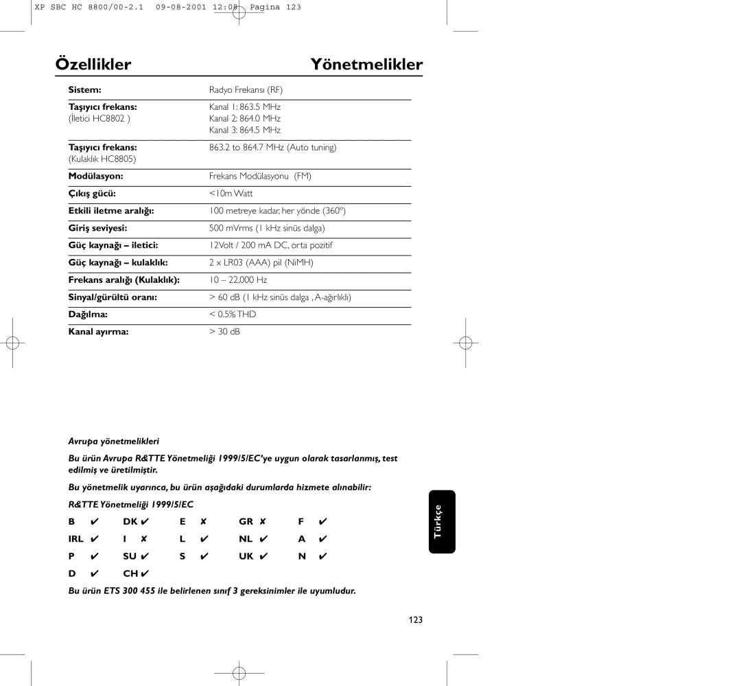 Philips HC8800 manual Özellikler Yönetmelikler 