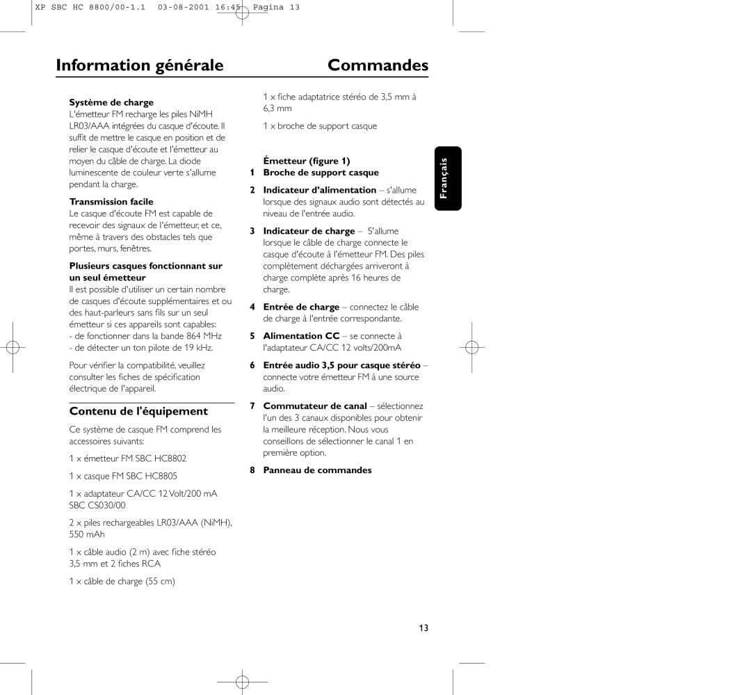 Philips HC8800 manual Commandes, Contenu de léquipement 