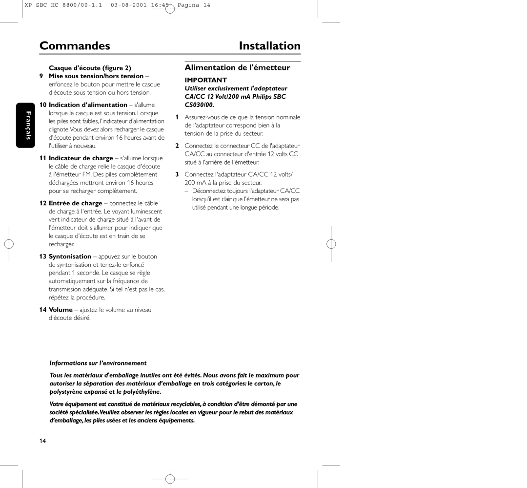 Philips HC8800 manual CommandesInstallation, Alimentation de lémetteur, Casque découte ﬁgure 