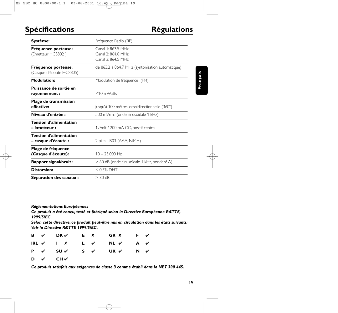 Philips HC8800 manual Spéciﬁcations, Régulations 