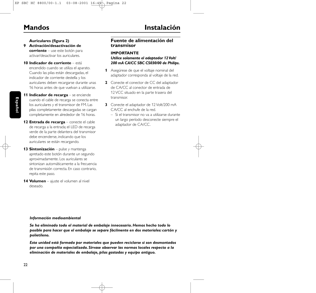 Philips HC8800 manual Mandos, Instalación, Fuente de alimentación del transmisor, Auriculares ﬁgura 