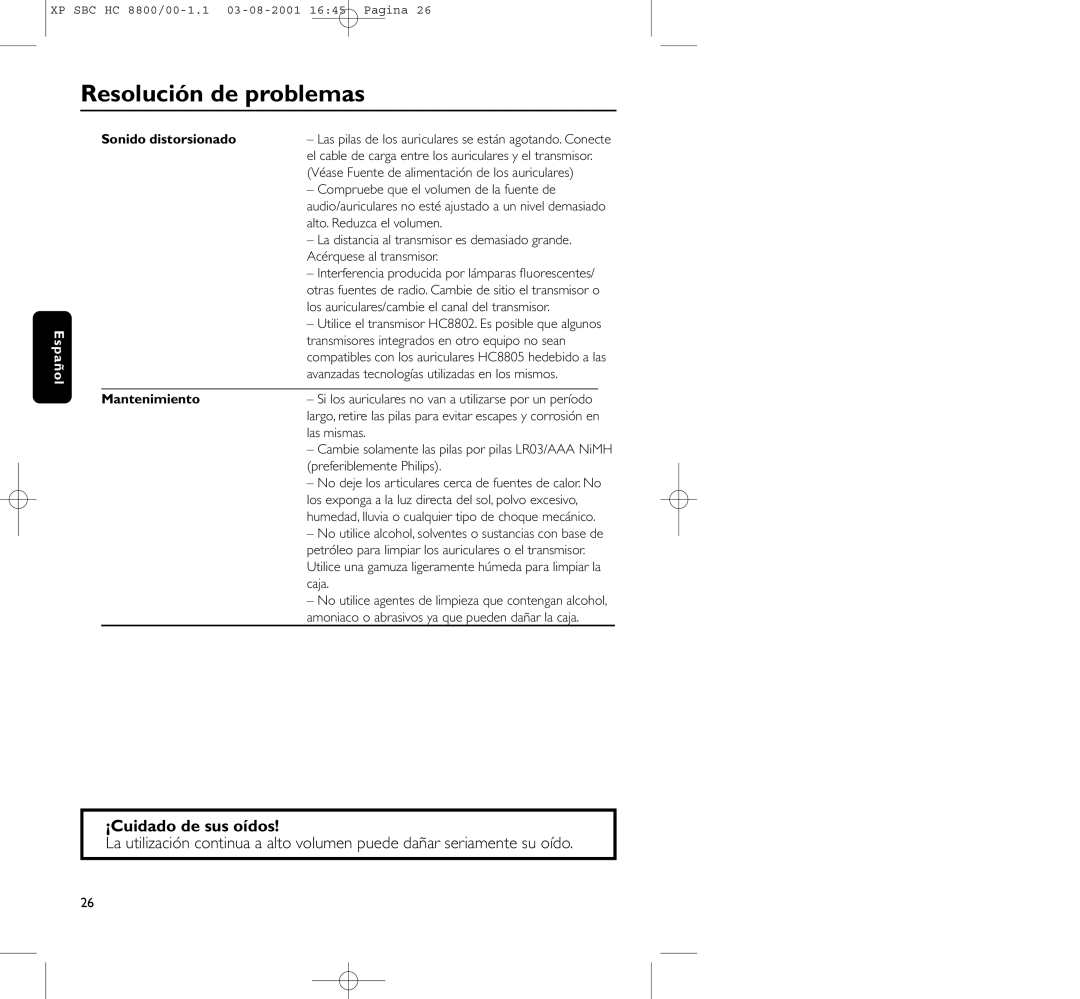 Philips HC8800 manual ¡Cuidado de sus oídos, Mantenimiento 