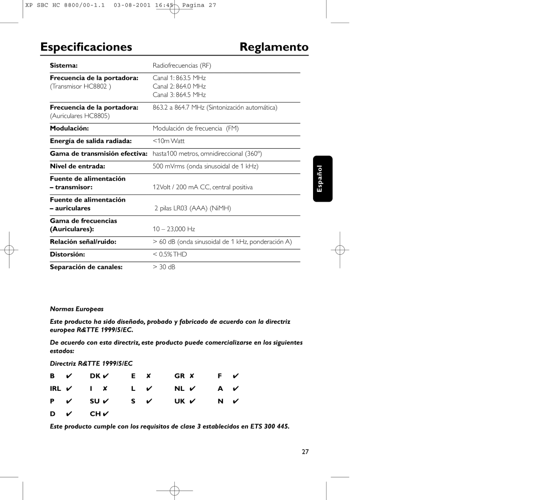 Philips HC8800 manual Especiﬁcaciones Reglamento, Distorsión % THD Separación de canales 30 dB 