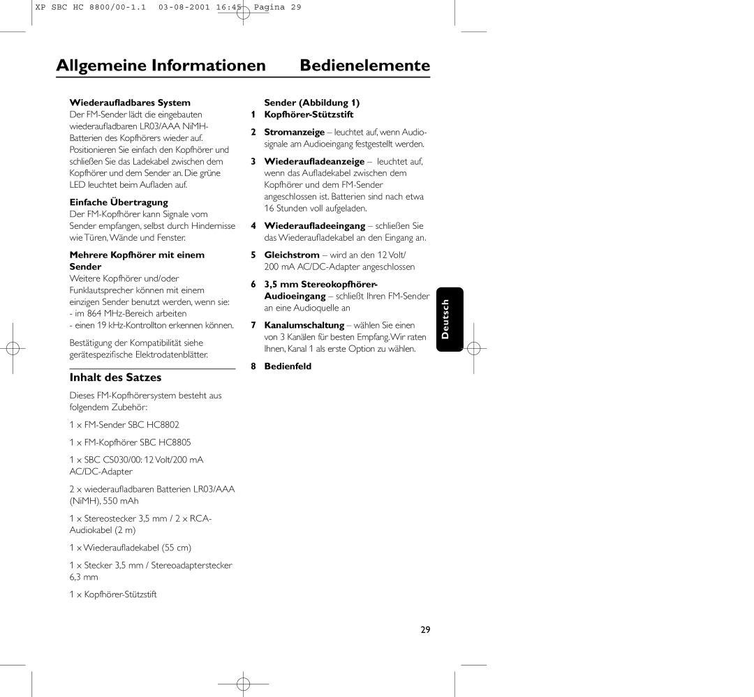 Philips HC8800 manual Allgemeine Informationen Bedienelemente, Inhalt des Satzes 