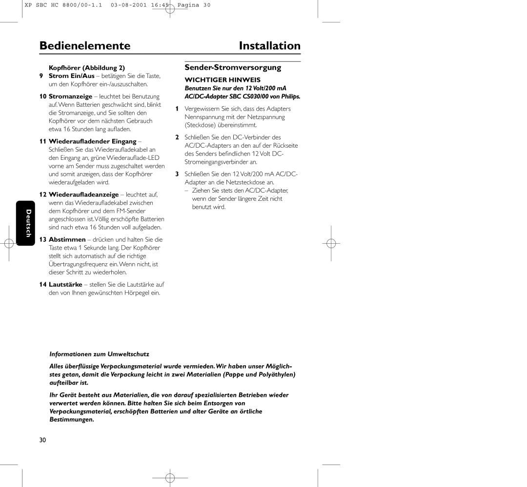 Philips HC8800 manual BedienelementeInstallation, Sender-Stromversorgung, Kopfhörer Abbildung 