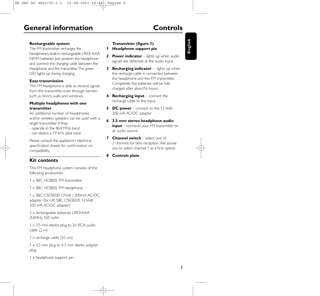 Philips HC8800 manual General information Controls, Kit contents 