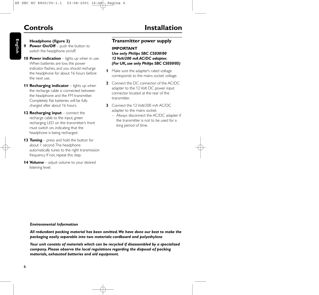 Philips HC8800 manual Controls Installation, Transmitter power supply, Headphone ﬁgure 