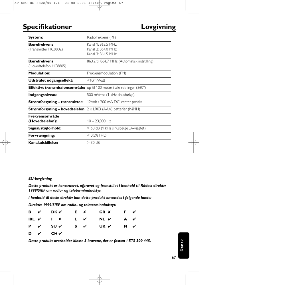 Philips HC8800 manual Speciﬁkationer, Lovgivning 