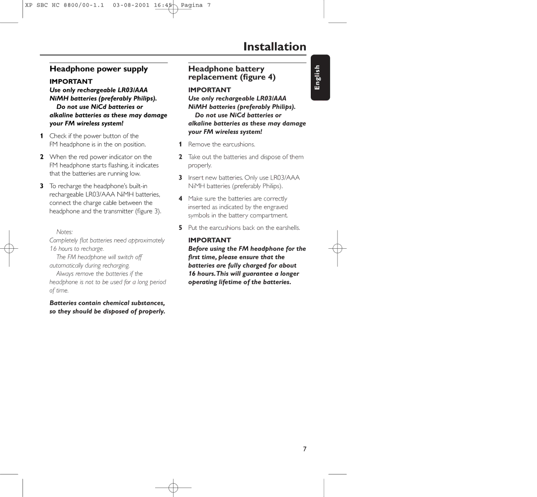 Philips HC8800 manual Headphone power supply, Headphone battery replacement ﬁgure 