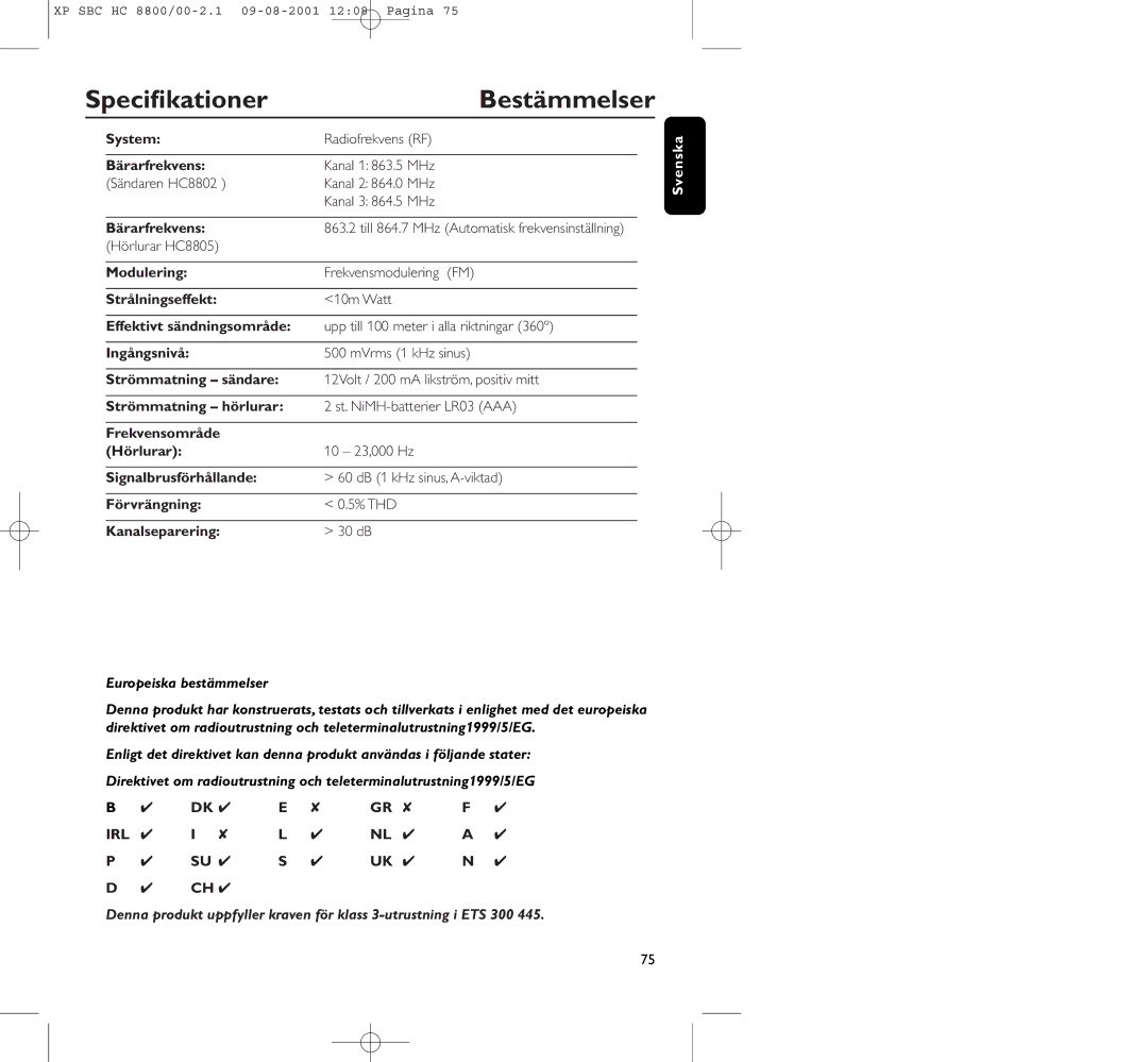 Philips HC8800 manual Speciﬁkationer Bestämmelser 