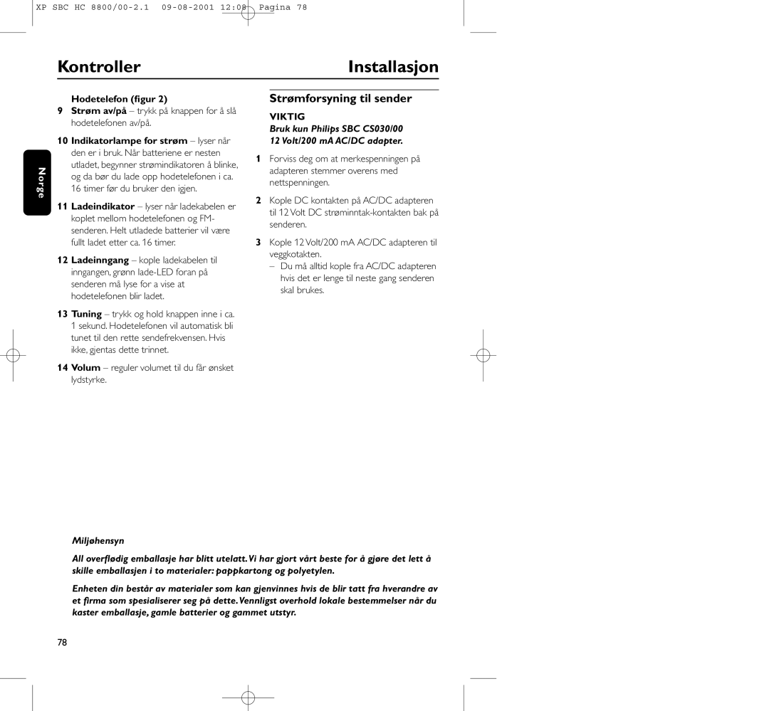 Philips HC8800 manual KontrollerInstallasjon, Strømforsyning til sender, Hodetelefon ﬁgur 