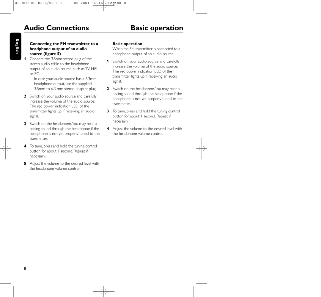 Philips HC8800 manual Audio Connections, Basic operation 