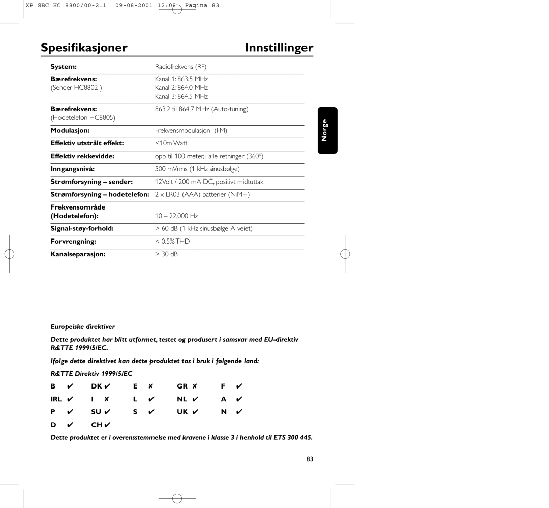 Philips HC8800 manual Spesiﬁkasjoner Innstillinger 