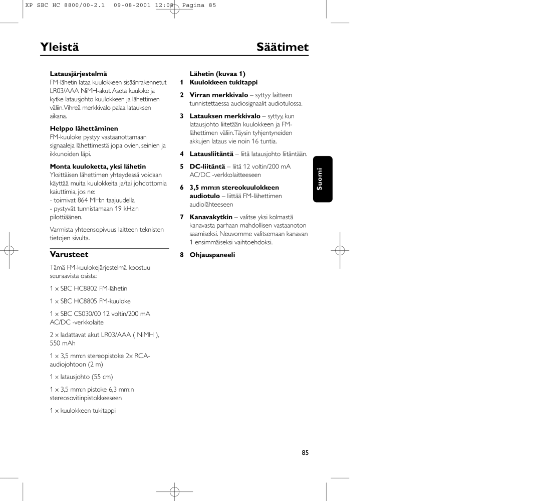 Philips HC8800 manual Yleistä Säätimet, Varusteet 