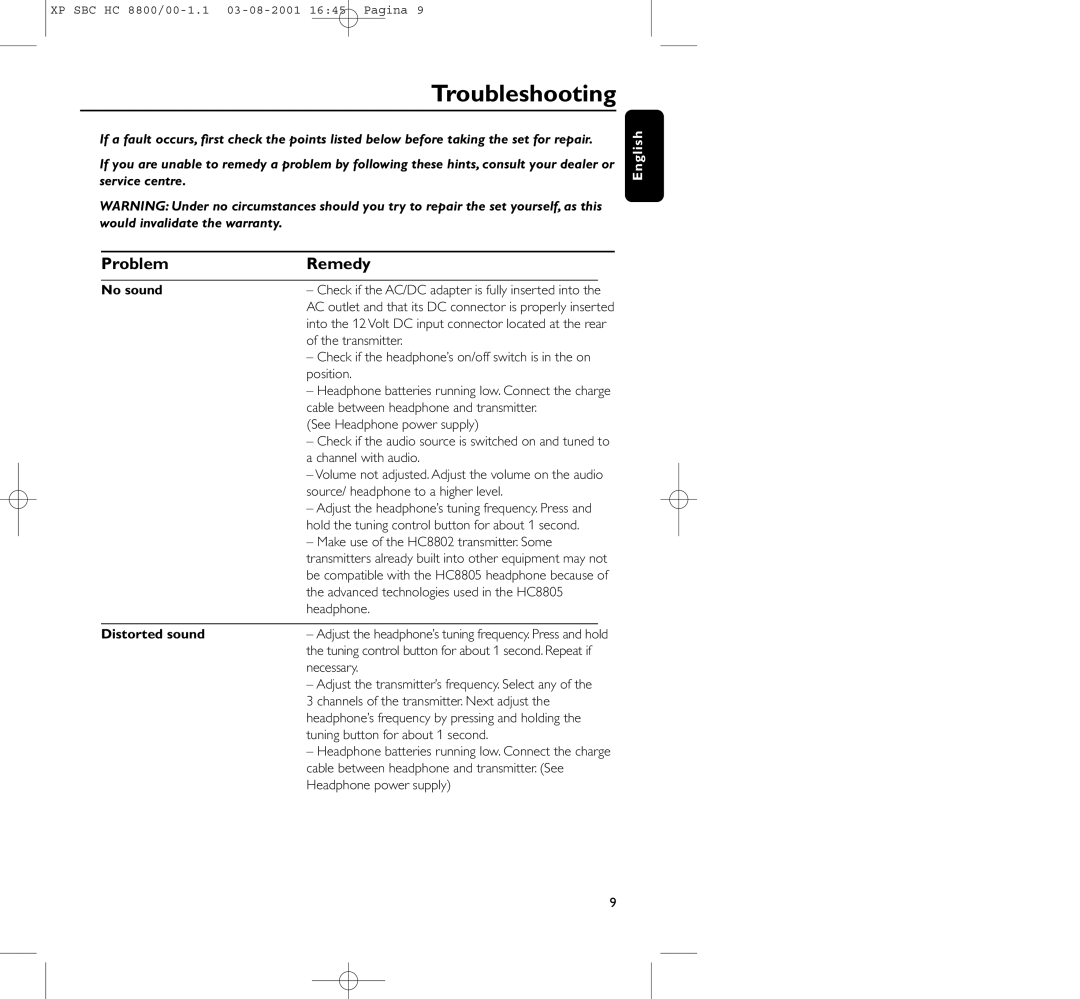 Philips HC8800 manual Troubleshooting, Problem Remedy, No sound, Distorted sound 