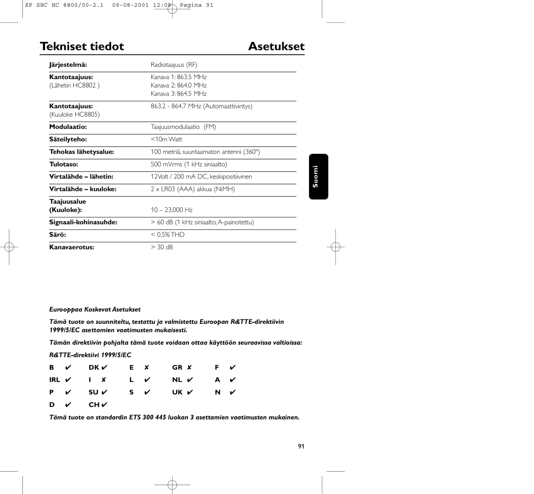 Philips HC8800 manual Tekniset tiedot, Asetukset 