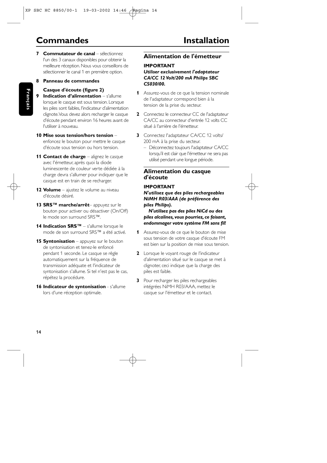 Philips HC8850 Commandes Installation, Alimentation de lémetteur, Alimentation du casque découte, Panneau de commandes 