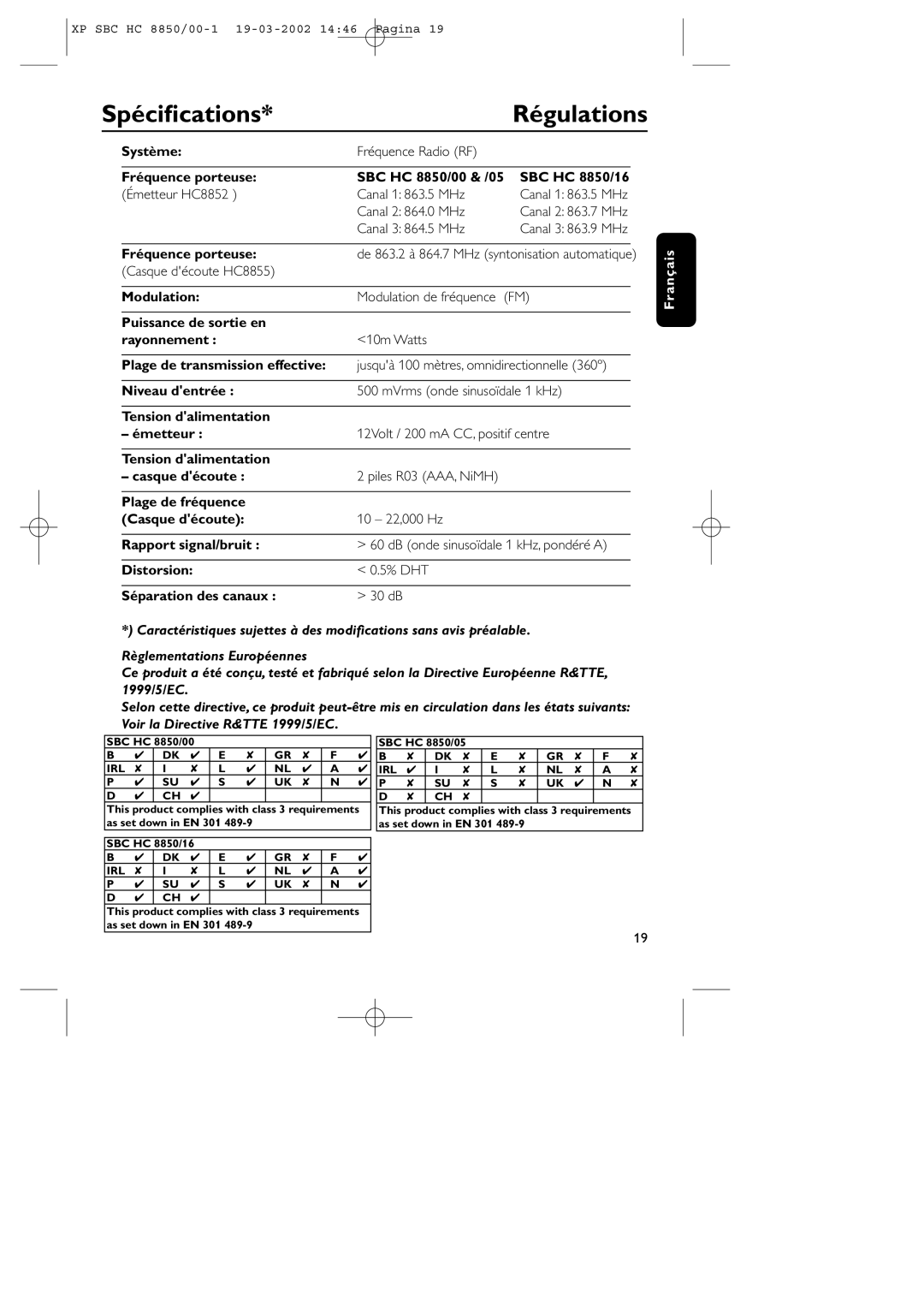 Philips HC8850 manual Spéciﬁcations, Régulations 