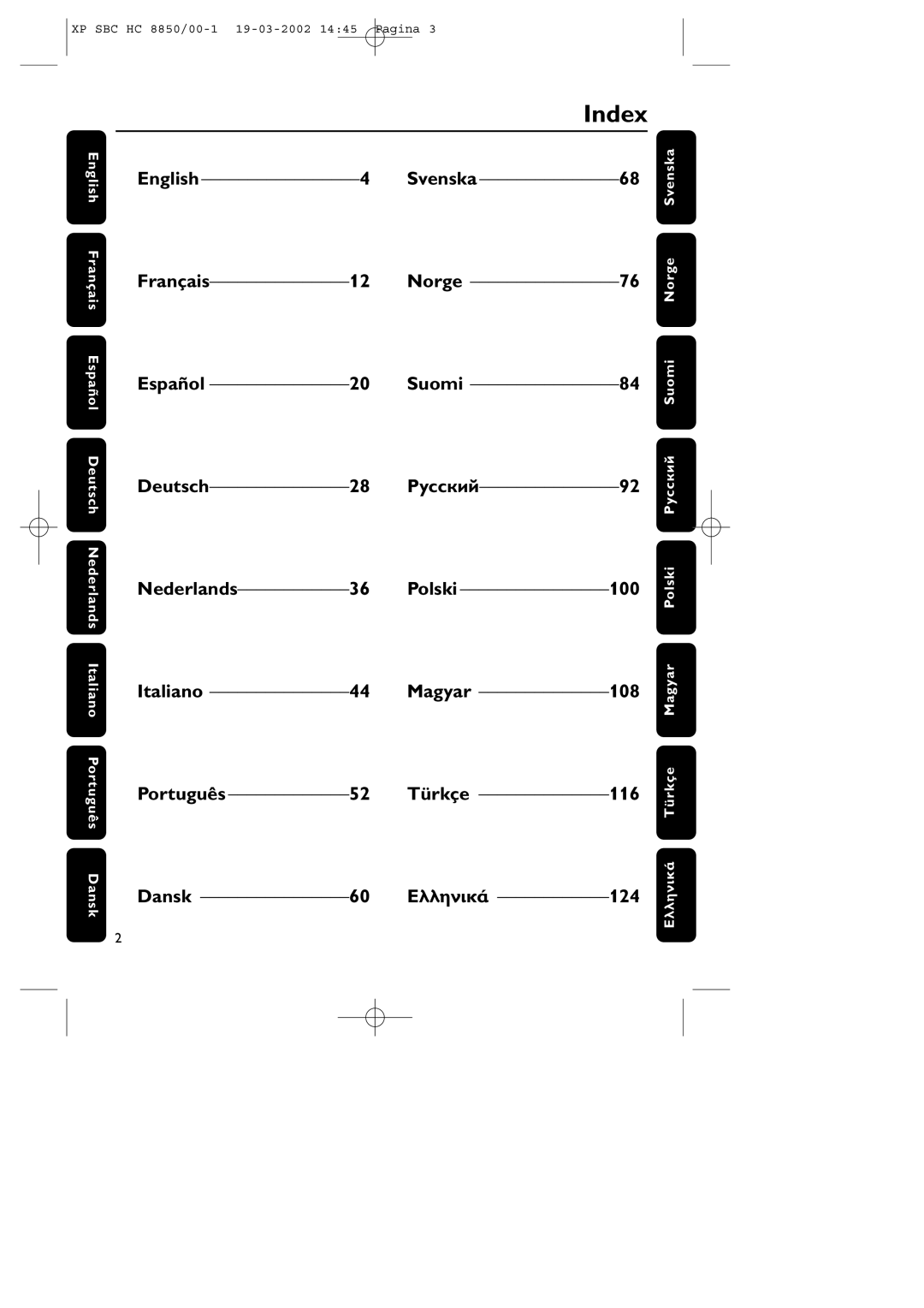 Philips HC8850 manual Index 