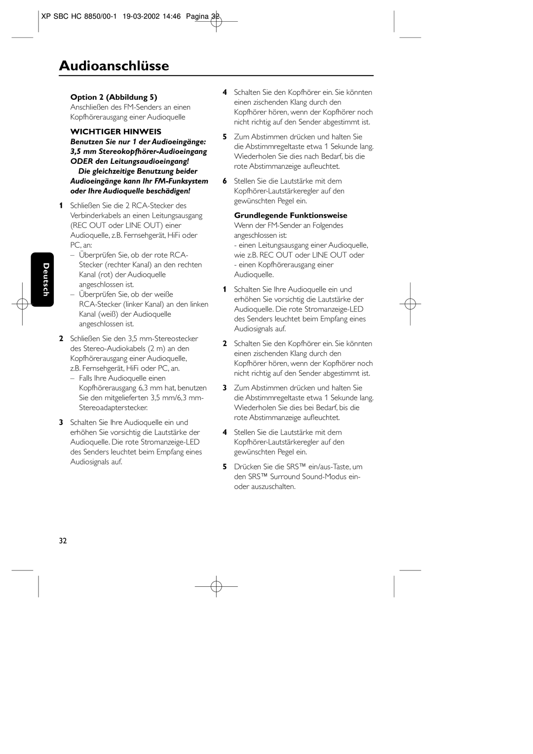 Philips HC8850 manual Audioanschlüsse, Option 2 Abbildung, Einen Kopfhörerausgang einer Audioquelle 