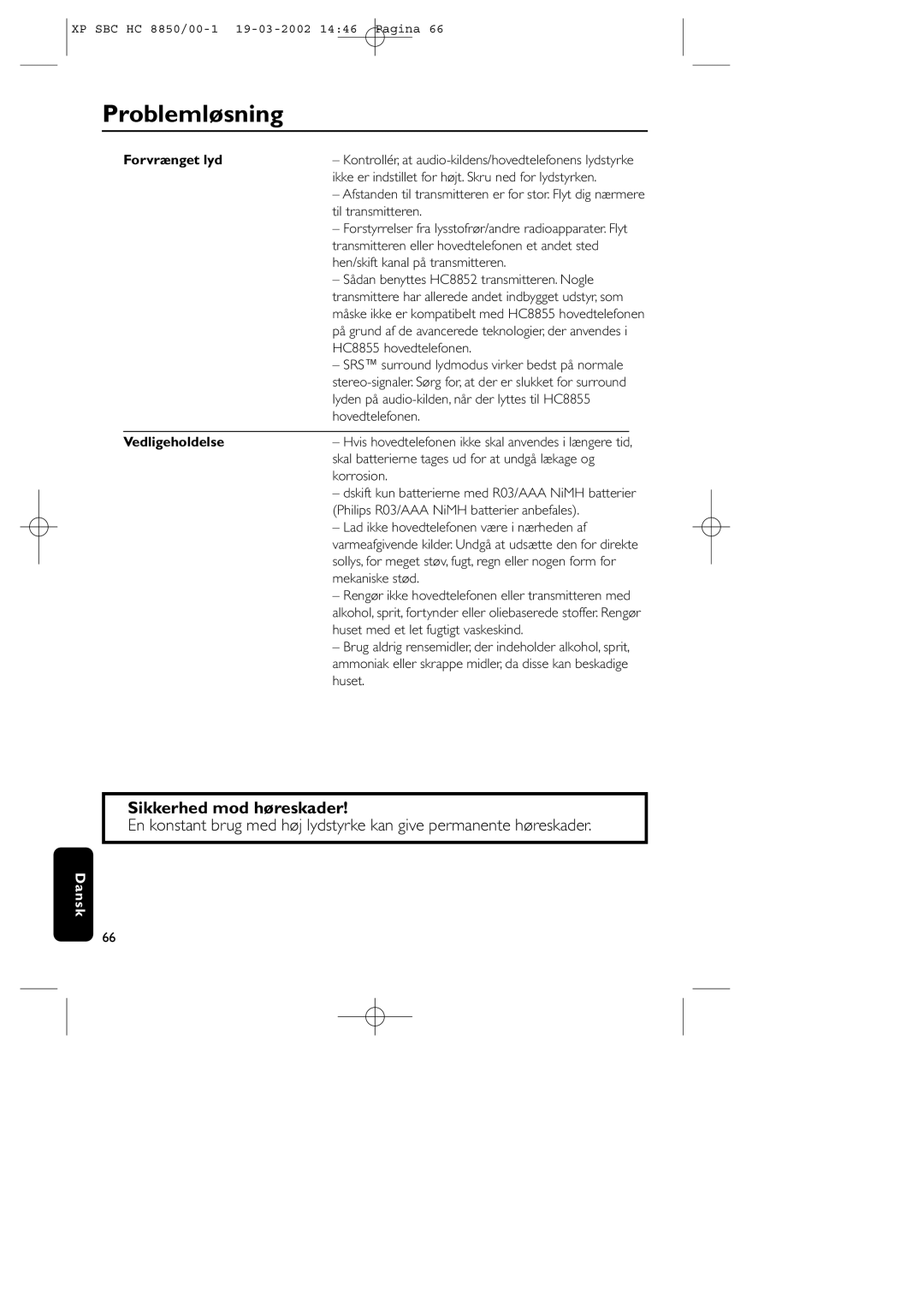 Philips HC8850 manual Sikkerhed mod høreskader, Vedligeholdelse 