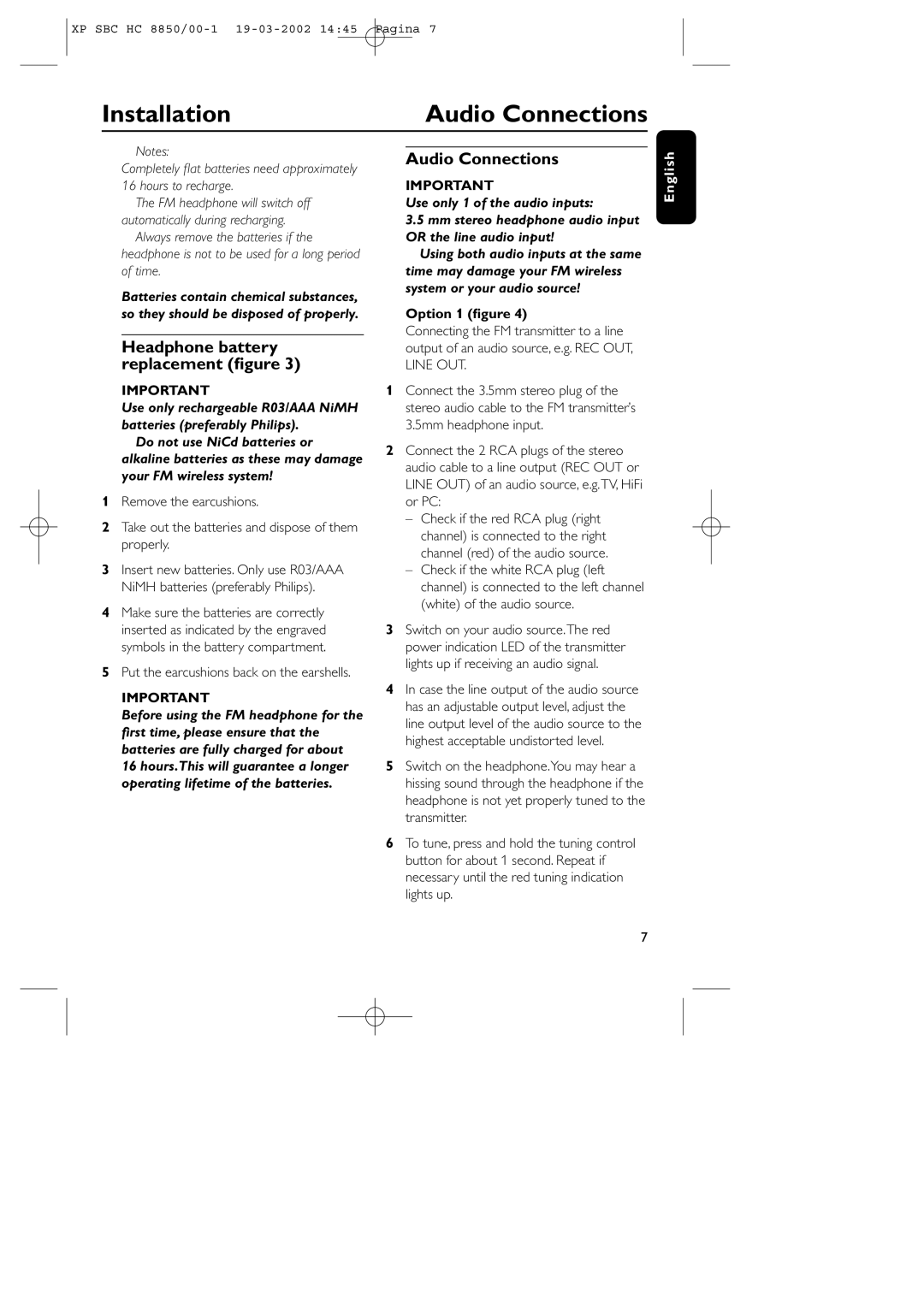 Philips HC8850 manual Audio Connections, Headphone battery replacement ﬁgure, Option 1 ﬁgure 