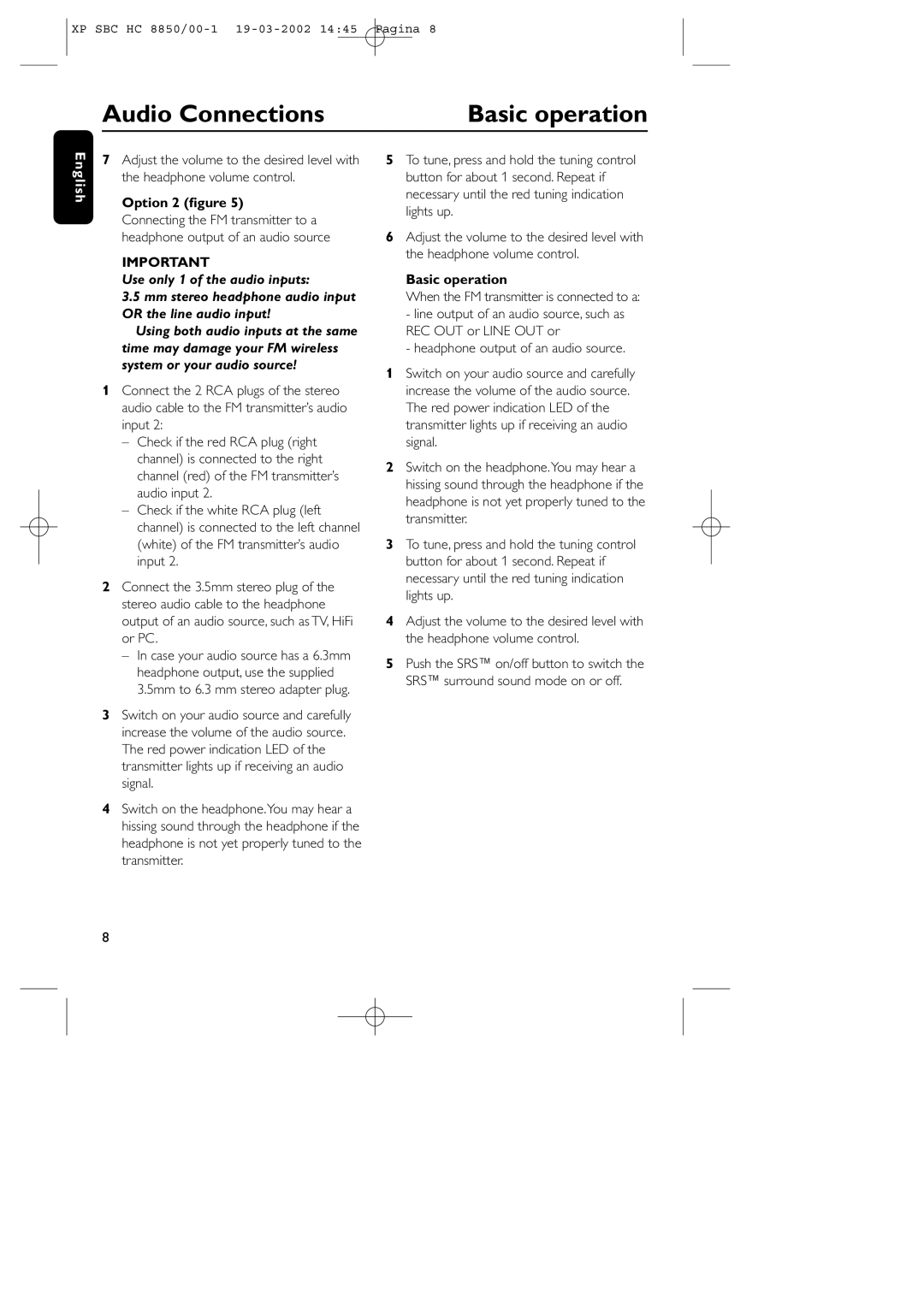 Philips HC8850 manual Audio Connections, Basic operation, Option 2 ﬁgure 