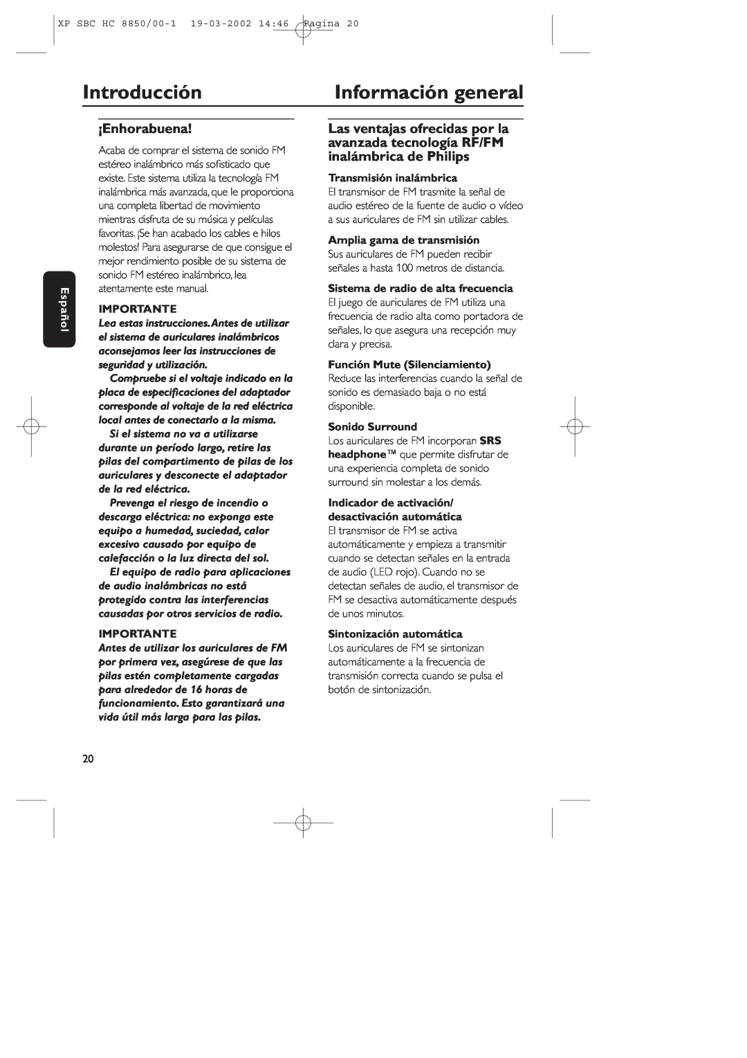 Philips HC8850 manual Introducción, Información general, ¡Enhorabuena, Español, Importante, Transmisión inalámbrica 