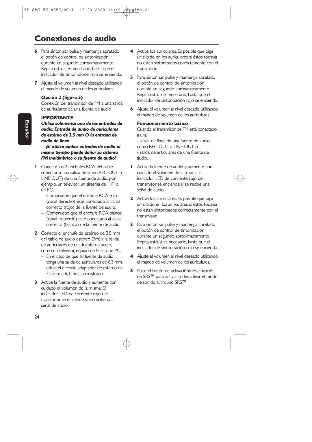 Philips HC8850 manual Conexiones de audio, Español, Opción 2 ﬁgura, Importante, Funcionamiento básico 