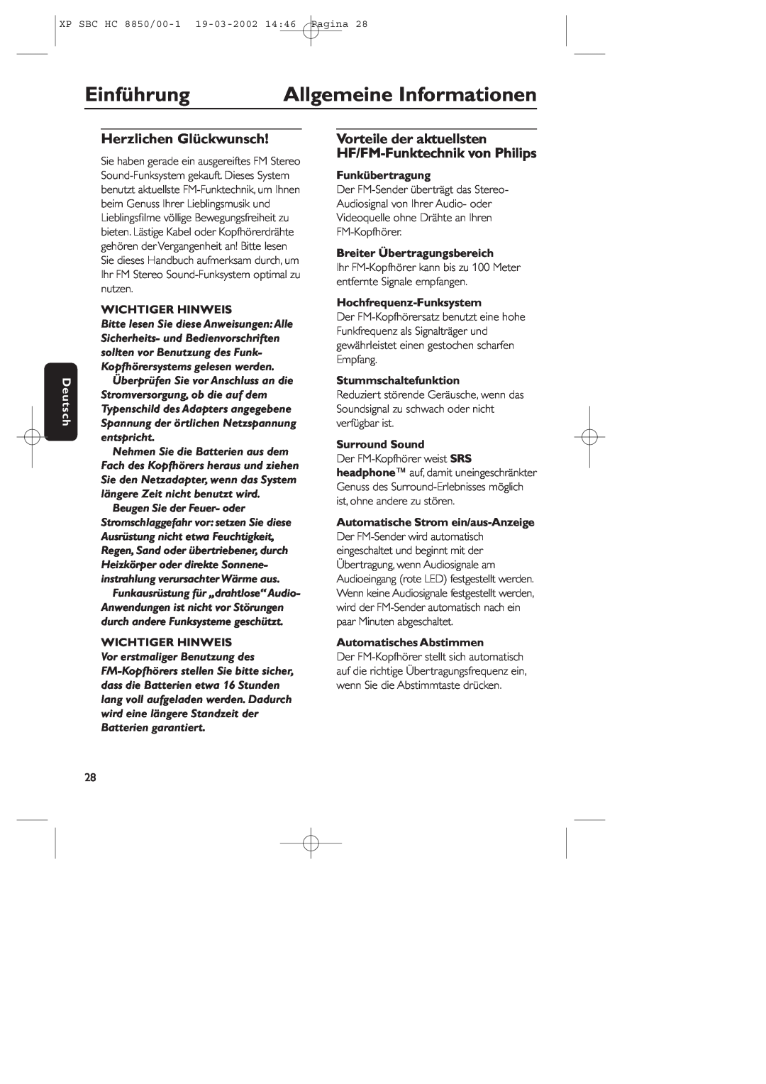 Philips HC8850 Einführung, Allgemeine Informationen, Herzlichen Glückwunsch, Deutsch, Wichtiger Hinweis, Funkübertragung 