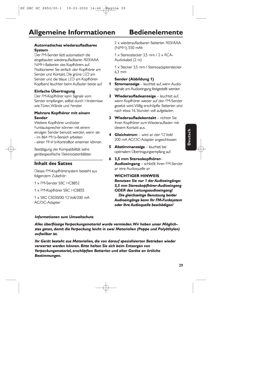 Philips HC8850 Bedienelemente, Allgemeine Informationen, Inhalt des Satzes, Automatisches wiederauﬂadbares System, Deutsch 