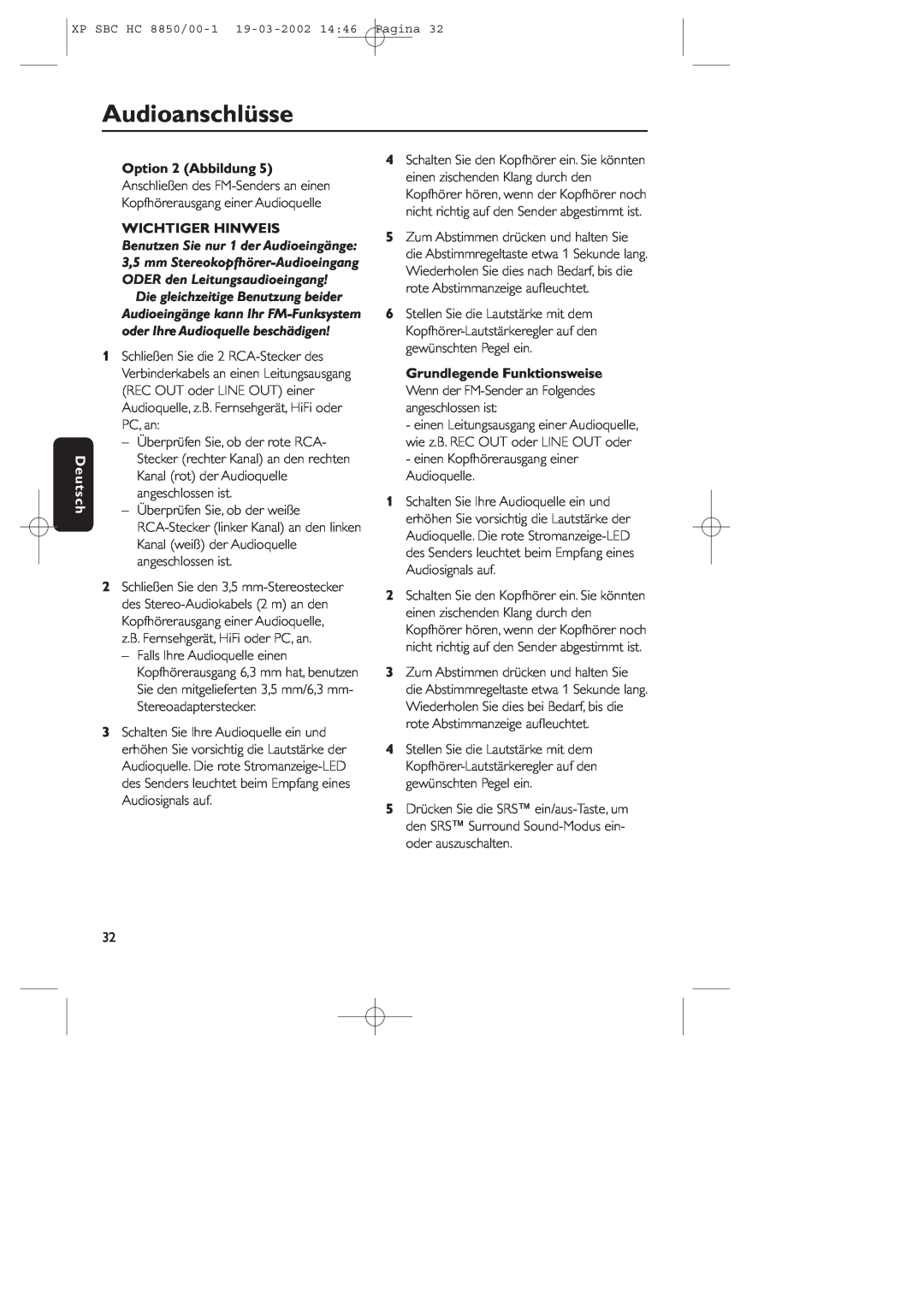 Philips HC8850 manual Audioanschlüsse, Deutsch, Option 2 Abbildung, Wichtiger Hinweis 
