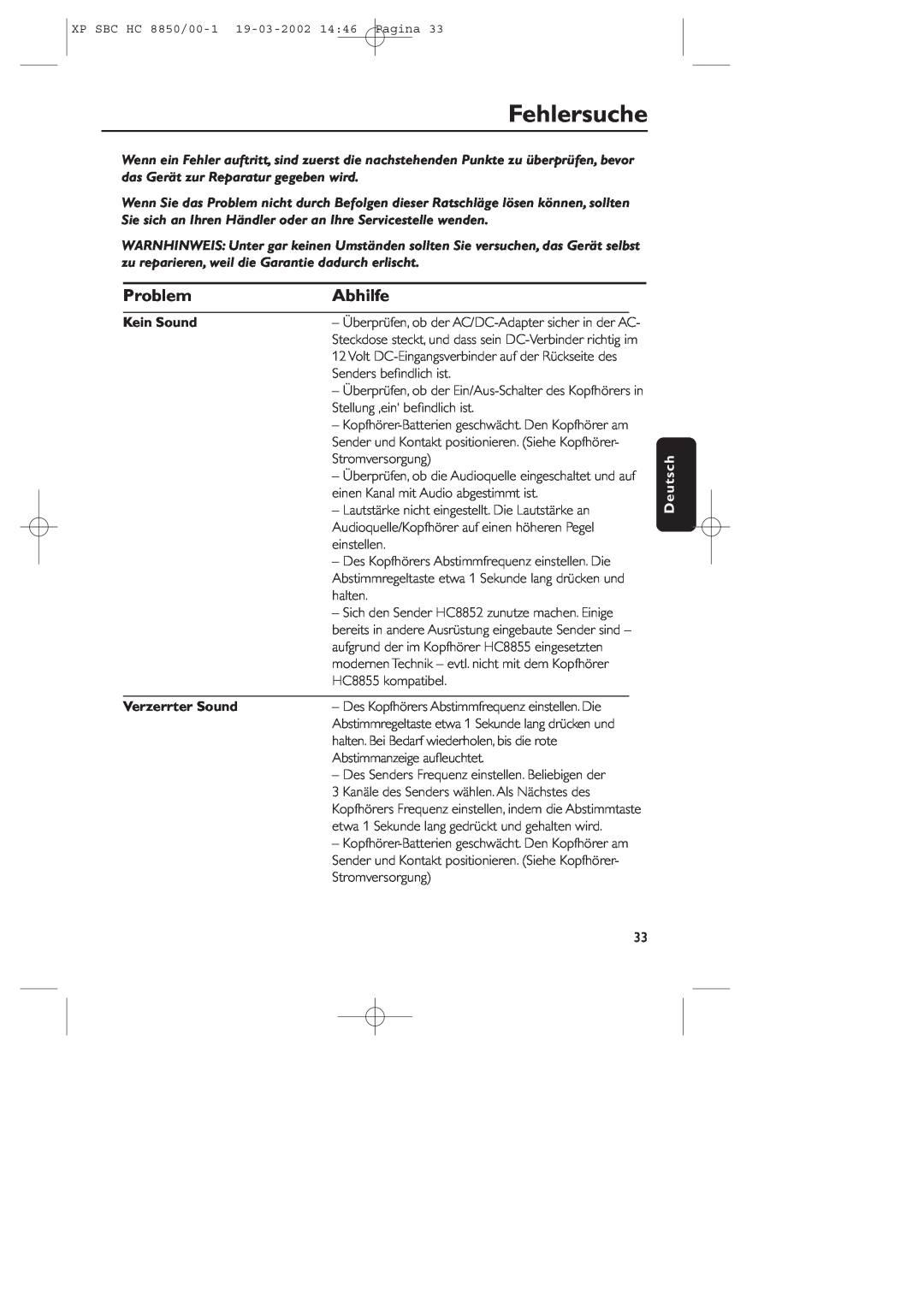 Philips HC8850 manual Fehlersuche, Problem, Abhilfe, Kein Sound, Verzerrter Sound, Deutsch 
