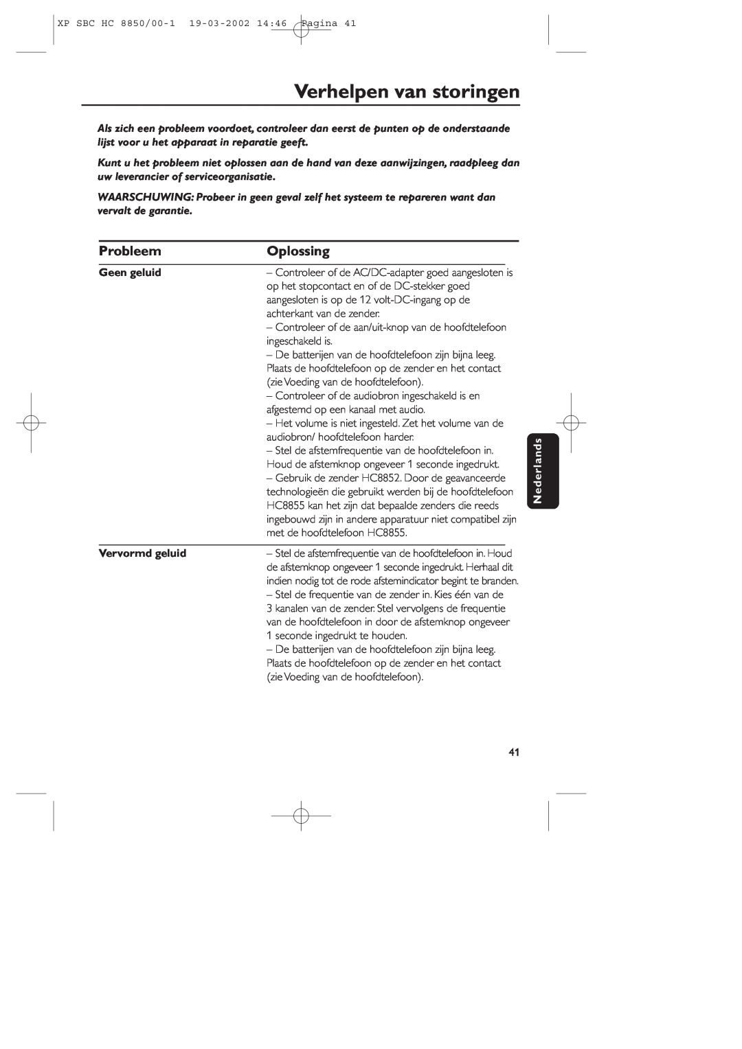Philips HC8850 manual Verhelpen van storingen, Probleem, Oplossing, Geen geluid, Vervormd geluid, Nederlands 