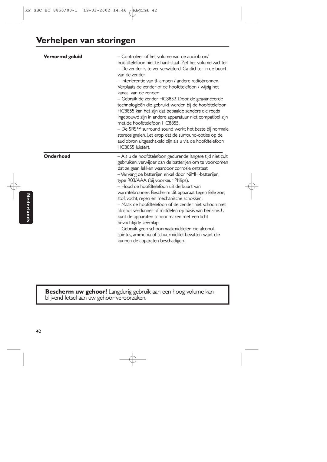 Philips HC8850 manual Verhelpen van storingen, Nederlands, Vervormd geluid, Onderhoud 