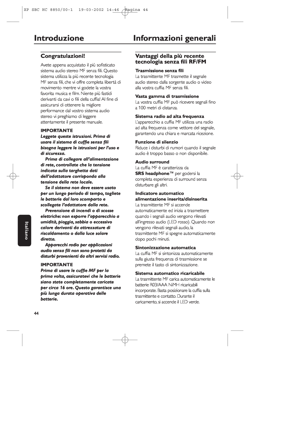 Philips HC8850 manual Introduzione, Informazioni generali, Congratulazioni, Italiano, Importante, Trasmissione senza ﬁli 