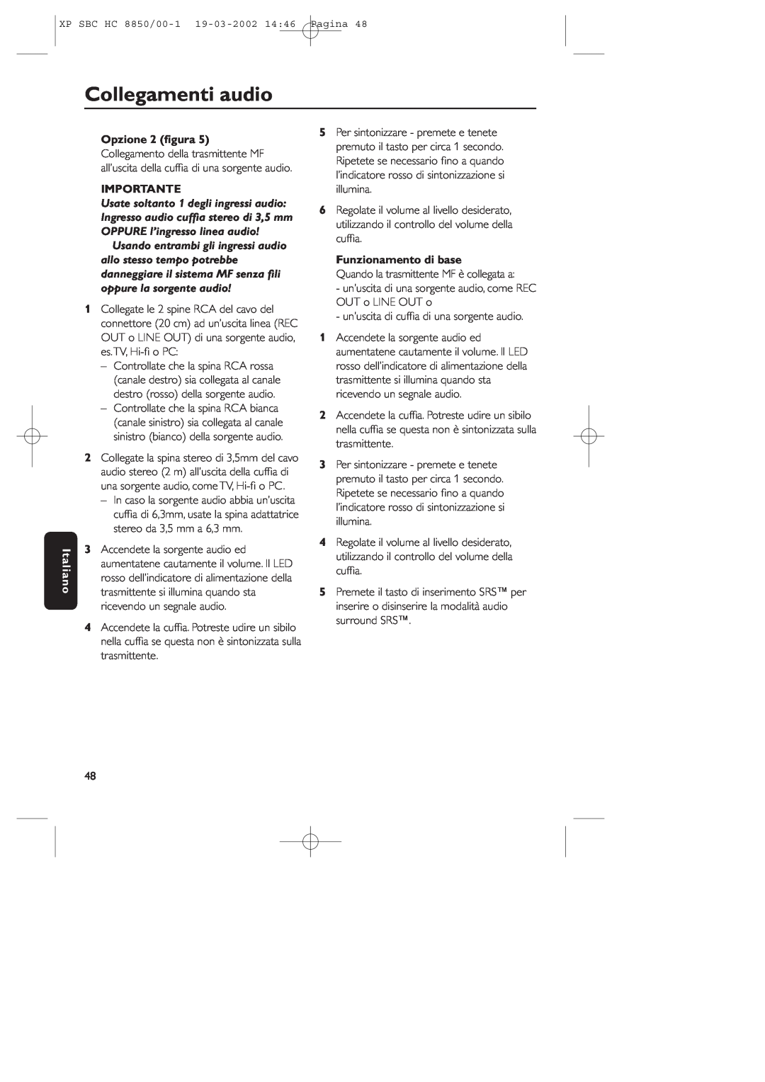 Philips HC8850 manual Collegamenti audio, Italiano, Opzione 2 ﬁgura, Importante, Funzionamento di base 