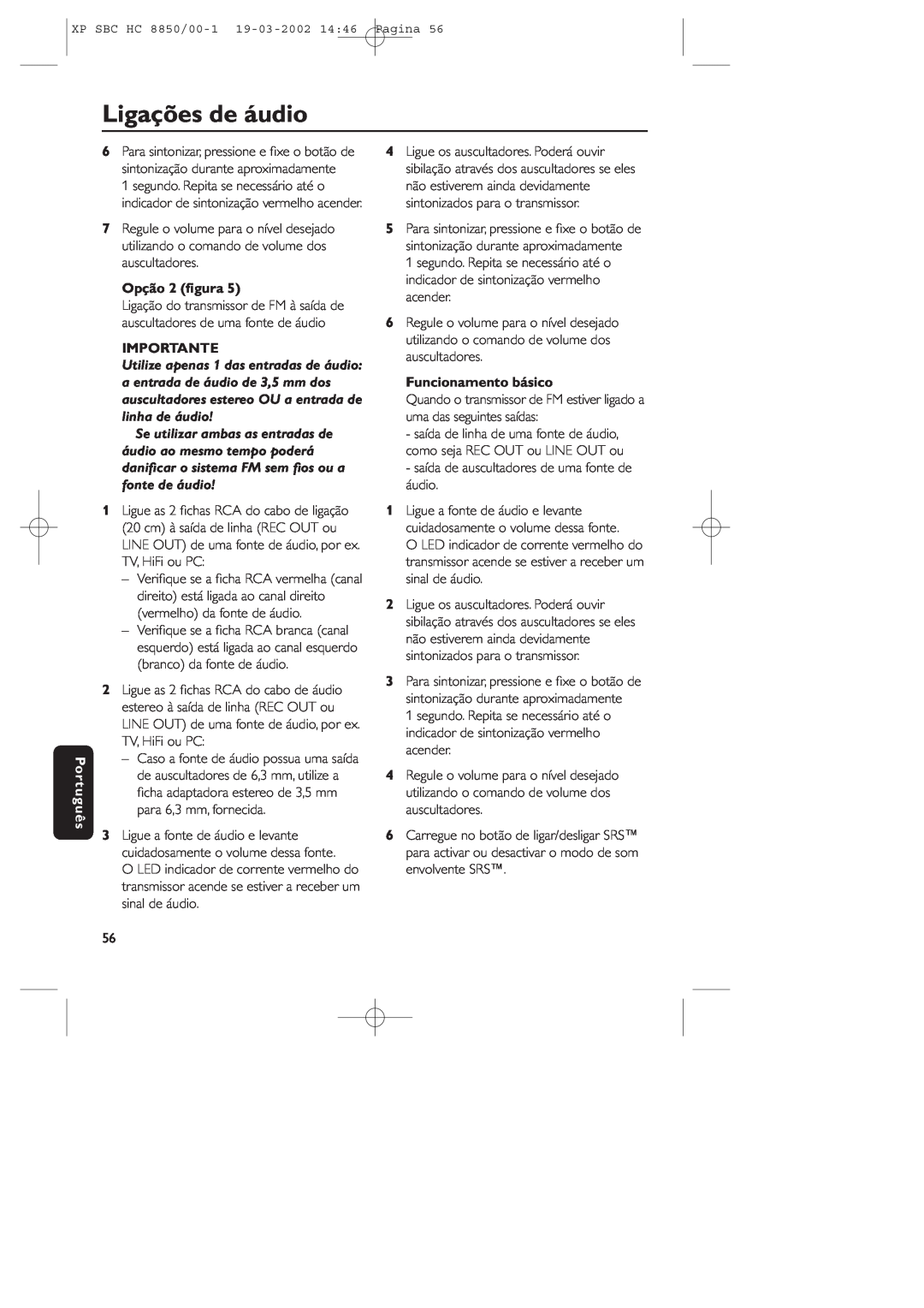 Philips HC8850 manual Ligações de áudio, Português, Opção 2 ﬁgura, Importante, Funcionamento básico 