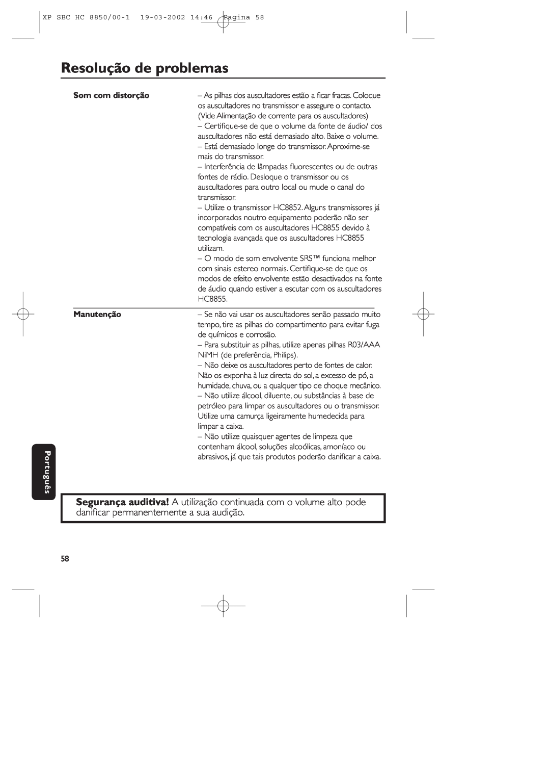 Philips HC8850 manual Resolução de problemas, Português, Som com distorção, Manutenção 