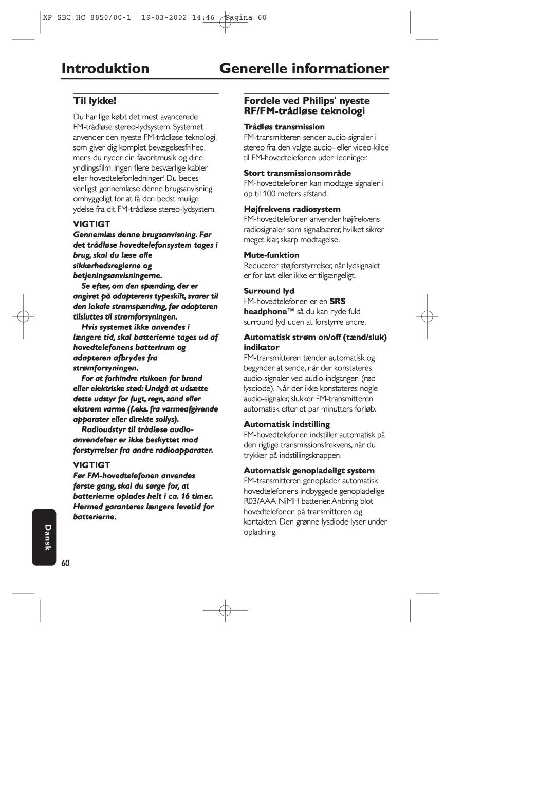 Philips HC8850 manual Introduktion, Generelle informationer, Til lykke, Vigtigt, Dansk, Trådløs transmission, Mute-funktion 