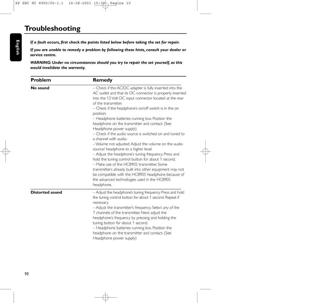 Philips HC8900 manual Troubleshooting, Problem Remedy, No sound, Distorted sound 