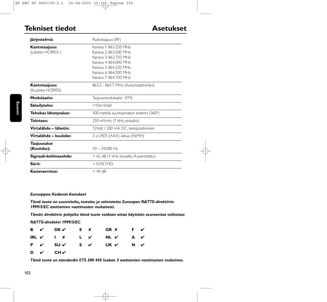 Philips HC8900 manual Tekniset tiedot, Asetukset 